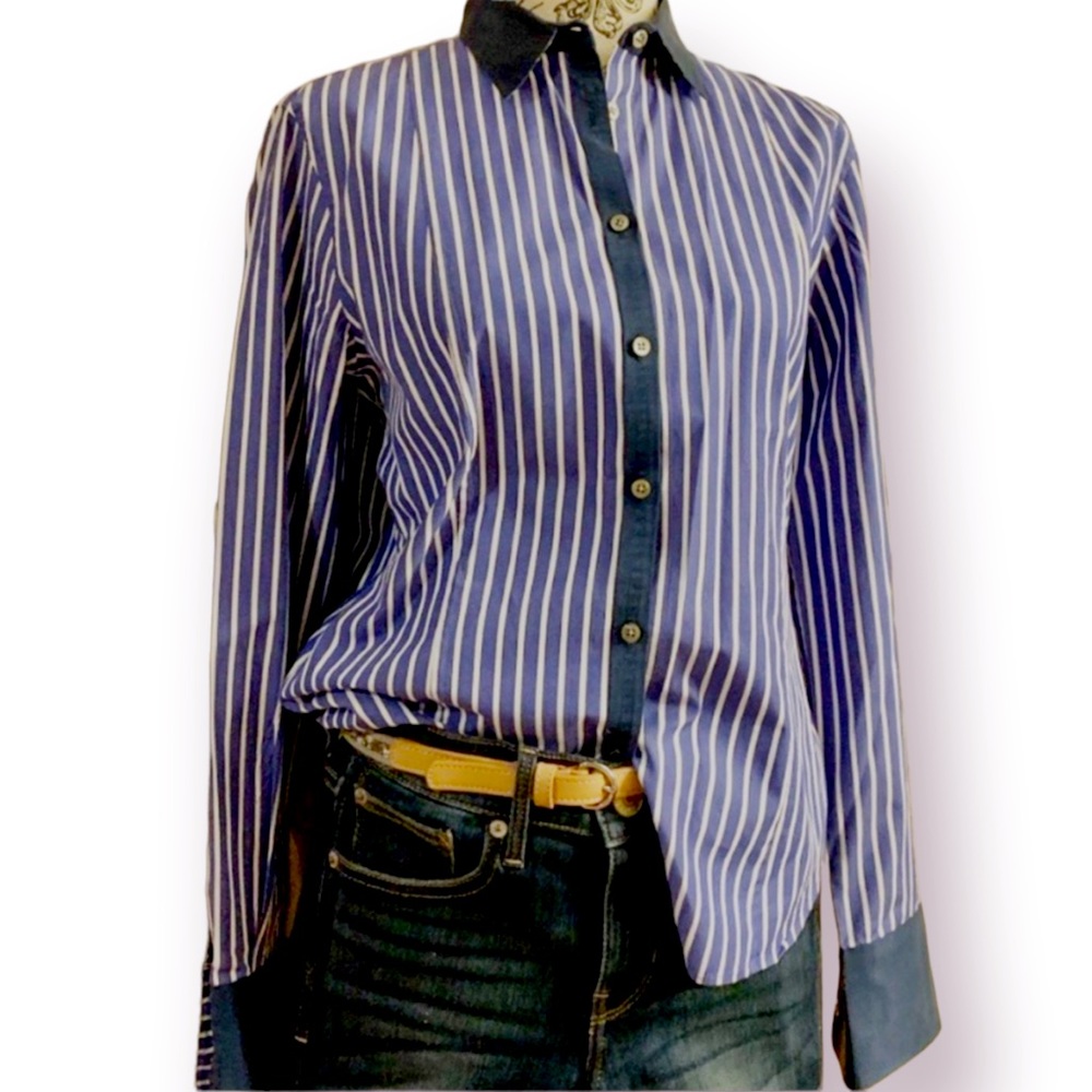 Faconnoble silk blend long sleeve striped button down blue cuffed size 6